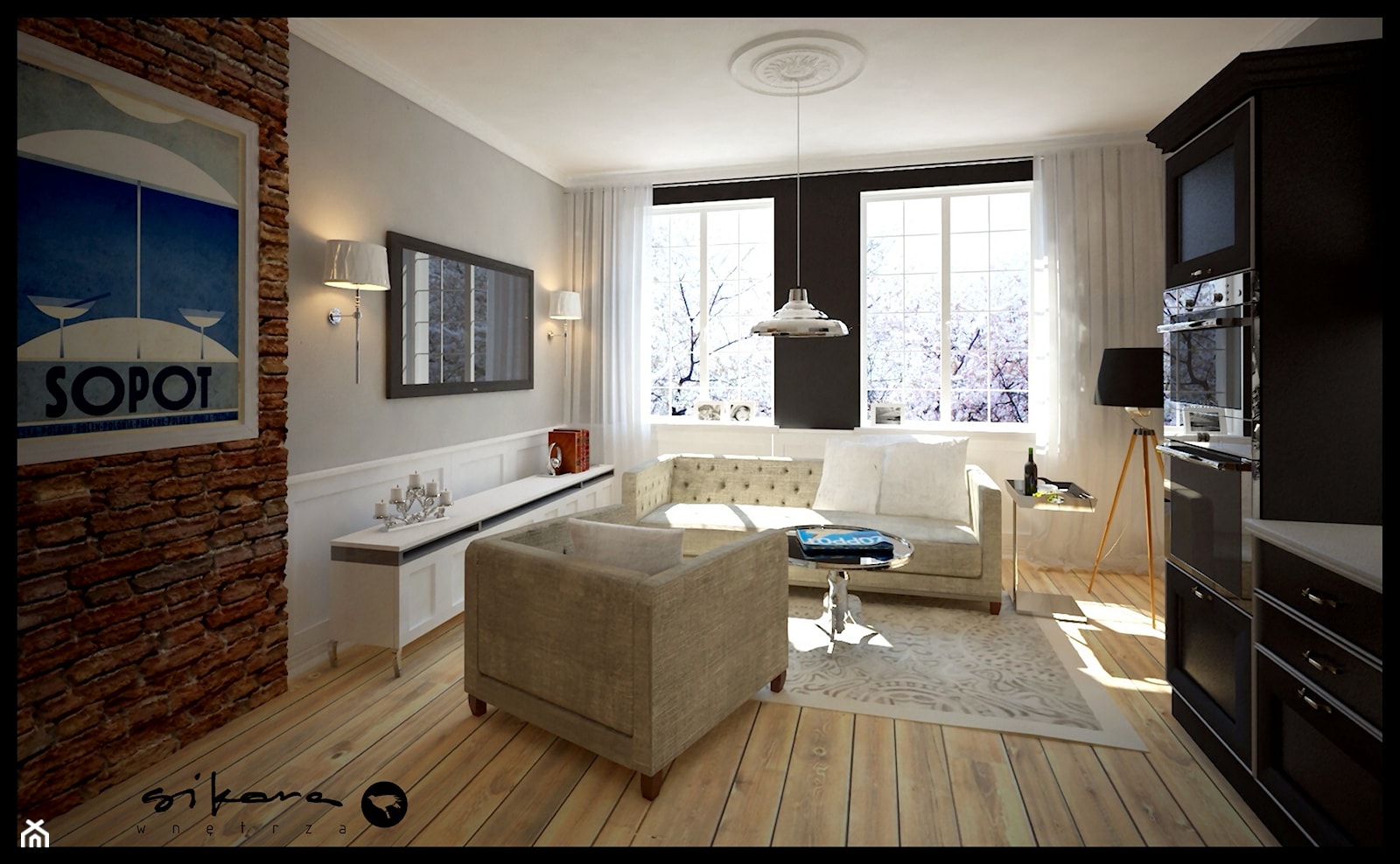 Apartament w Sopocie - Średni biały czarny salon - zdjęcie od SIKORA WNĘTRZA - Homebook
