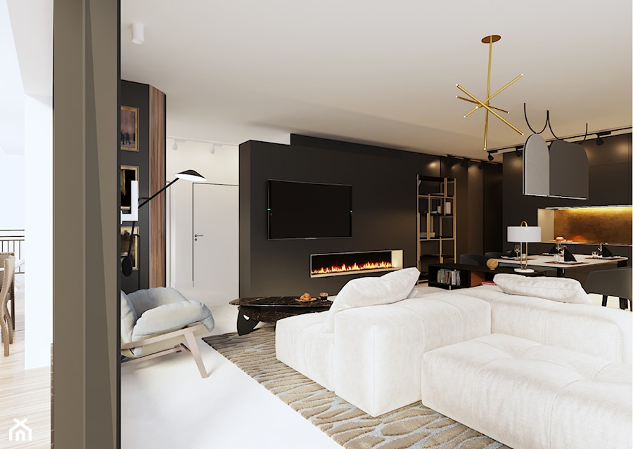 Apartament w Aachen // Niemcy - Duży biały czarny salon z kuchnią z jadalnią, styl nowoczesny - zdjęcie od SIKORA WNĘTRZA