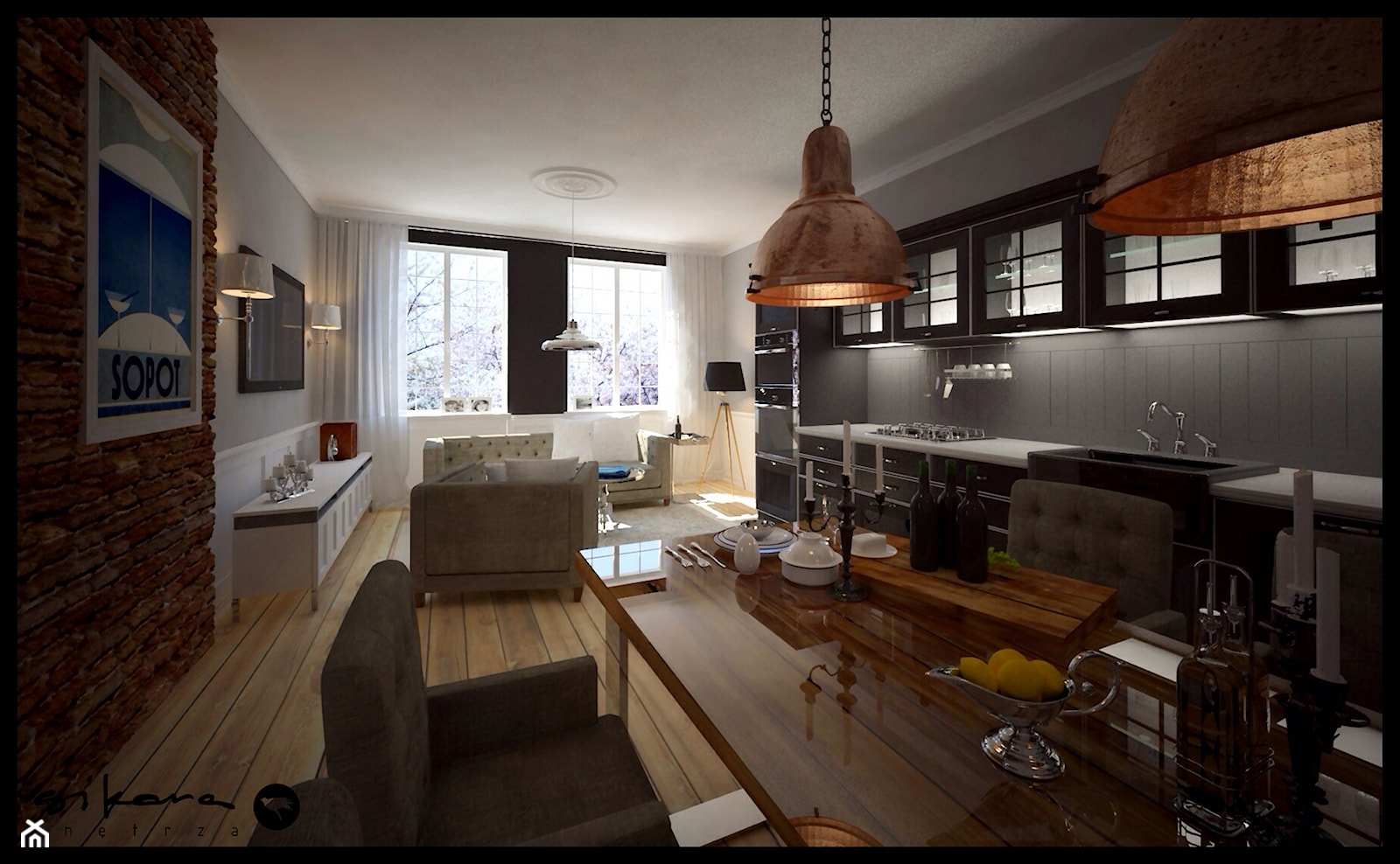 Apartament w Sopocie - Średnia brązowa szara jadalnia w kuchni - zdjęcie od SIKORA WNĘTRZA - Homebook