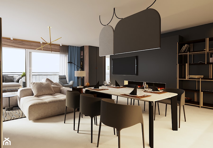 Apartament w Aachen // Niemcy - Średni czarny salon z jadalnią, styl nowoczesny - zdjęcie od SIKORA WNĘTRZA