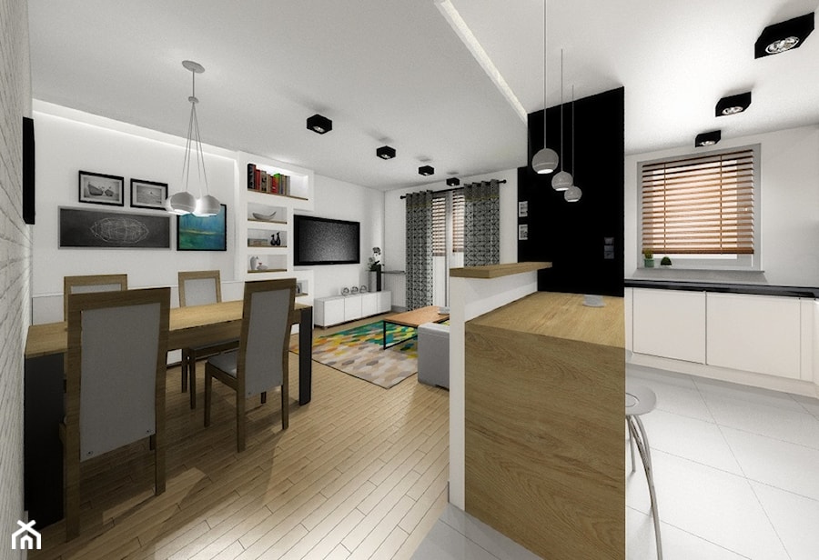 Mieszaknie 59,5 m2 - Średni biały salon z kuchnią z jadalnią, styl nowoczesny - zdjęcie od ARTIEGO Lublin- Projekty wnętrz