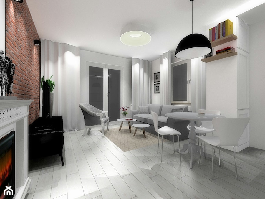 Mieszkanie 50 m2 - Średni biały salon z jadalnią - zdjęcie od ARTIEGO Lublin- Projekty wnętrz