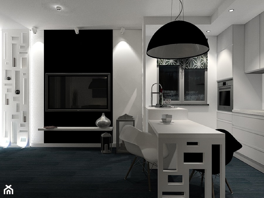 Mieszkanie 47.9m2 - Mały biały czarny salon z kuchnią z jadalnią, styl nowoczesny - zdjęcie od ARTIEGO Lublin- Projekty wnętrz