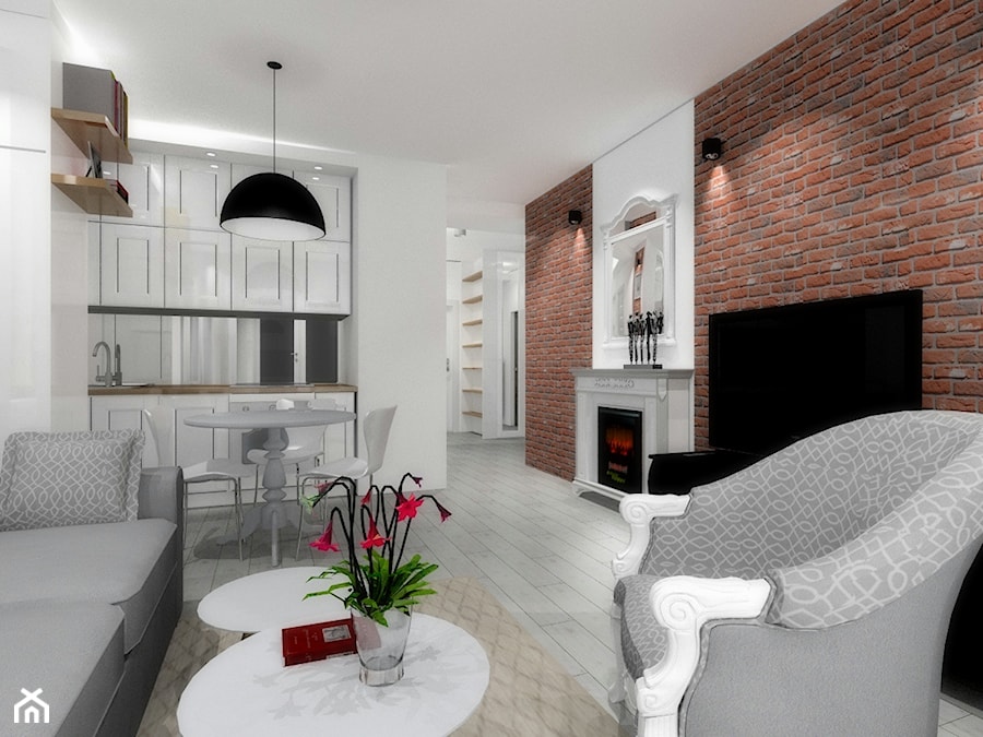 Mieszkanie 50 m2 - Mały biały brązowy salon z kuchnią z jadalnią - zdjęcie od ARTIEGO Lublin- Projekty wnętrz