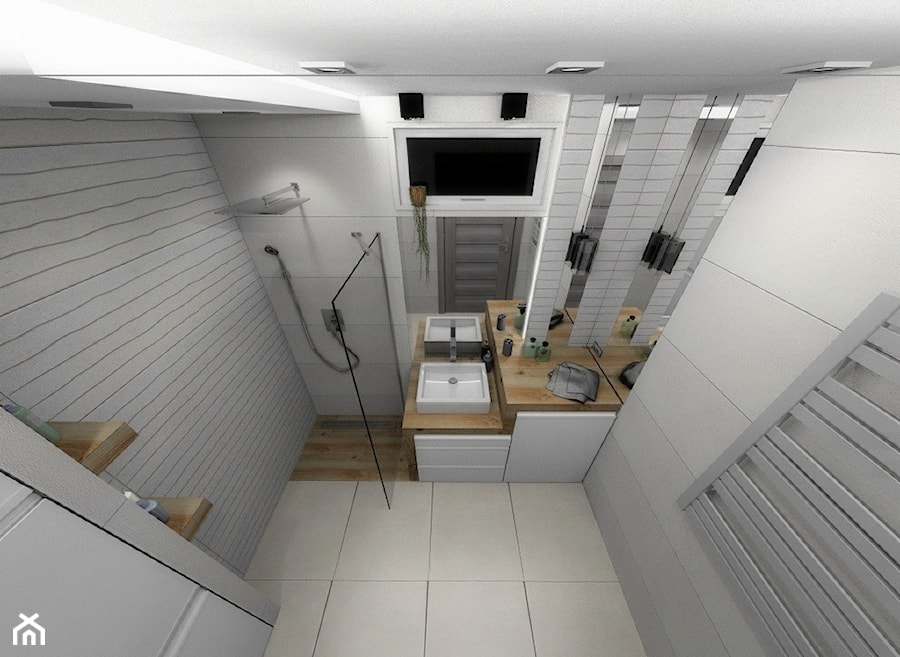 Mieszkanie 60m2 - Mała z pralką / suszarką z lustrem z punktowym oświetleniem łazienka z oknem, styl nowoczesny - zdjęcie od ARTIEGO Lublin- Projekty wnętrz