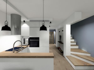 Segment mieszkalny - Średnia otwarta biała szara z zabudowaną lodówką z lodówką wolnostojącą kuchnia w kształcie litery u - zdjęcie od ARTIEGO Lublin- Projekty wnętrz