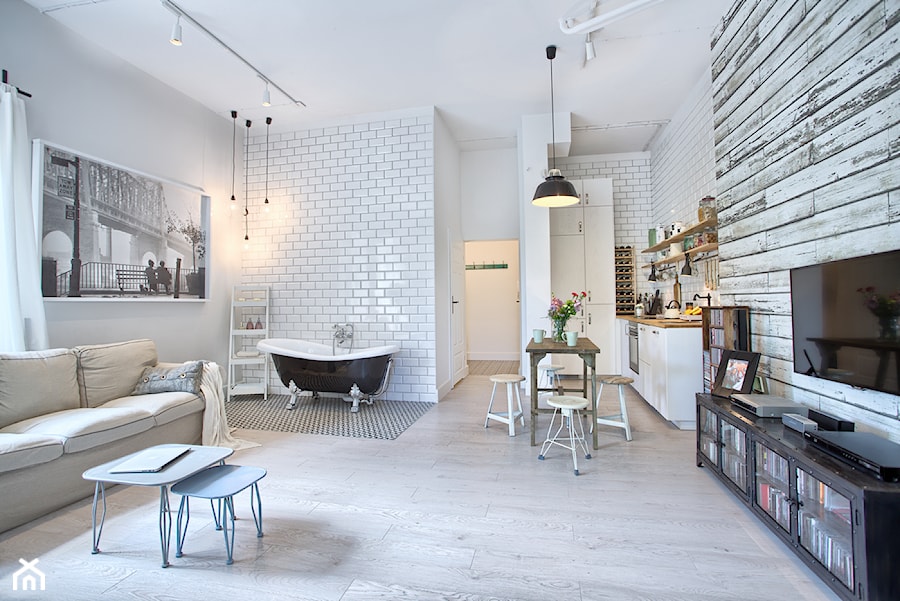 apartament 60 - Średni biały salon z kuchnią z jadalnią, styl skandynawski - zdjęcie od emDesign home & decoration