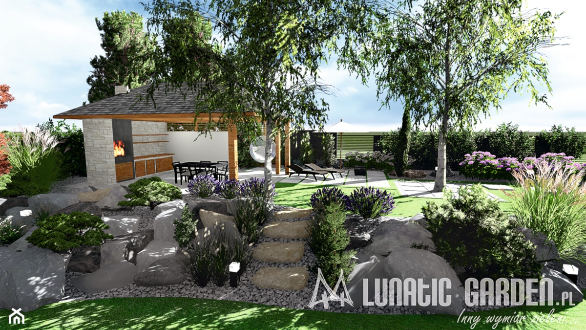 Projekt ogrodu kamiennego - Duży ogród za domem z altaną z kominkiem - zdjęcie od Lunatic Garden - Homebook