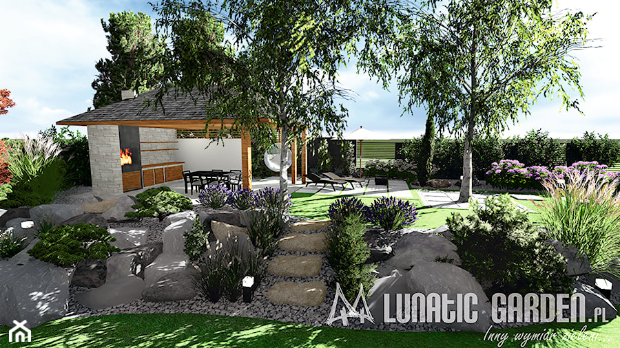 Projekt ogrodu kamiennego - Duży ogród za domem z altaną z kominkiem - zdjęcie od Lunatic Garden