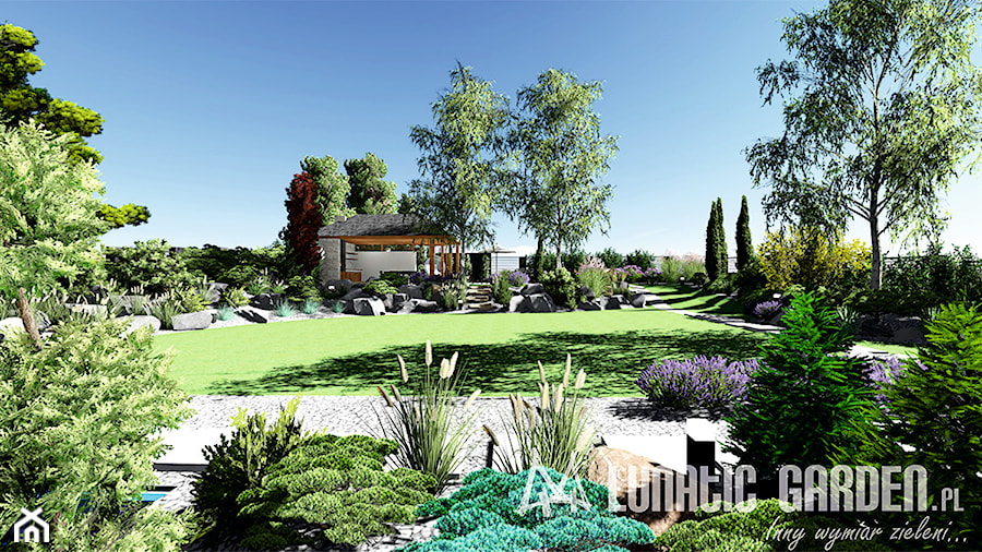 Projekt ogrodu kamiennego - Duży z nawierzchnią pokrytą kostką brukową ogród za domem - zdjęcie od Lunatic Garden