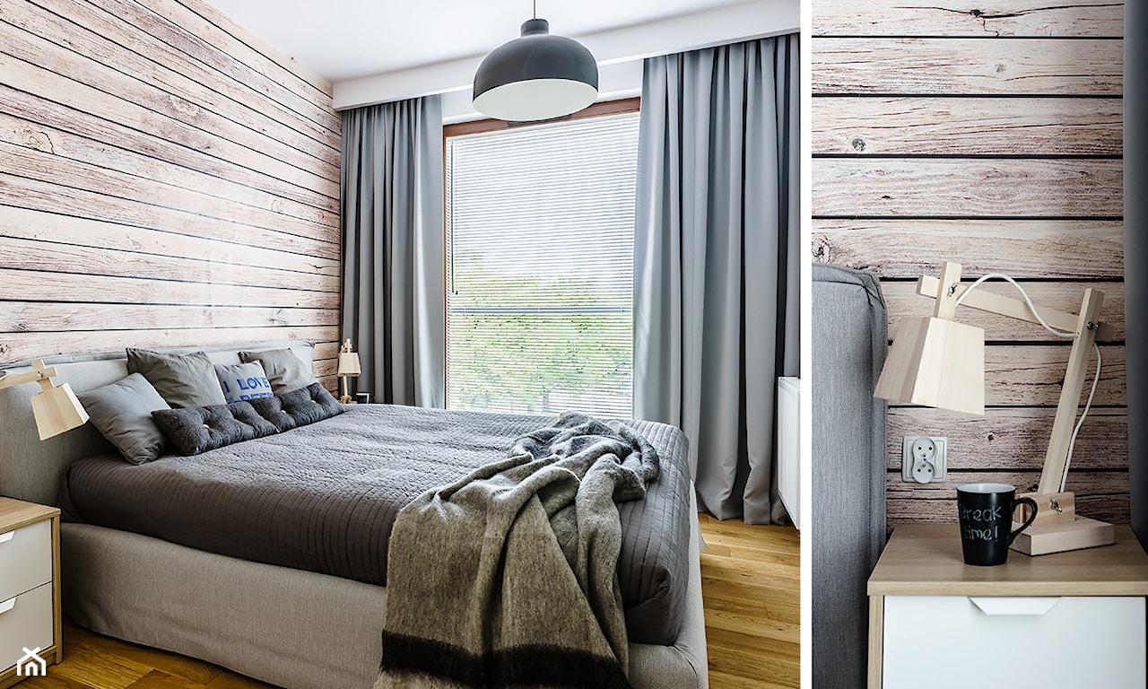 drewniana ściana w sypialni, szare zasłony, szara narzuta, drewniana lampa stołowa