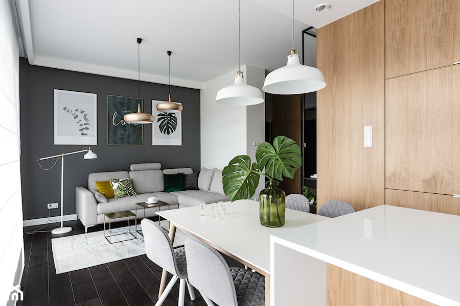 Nowe Orłowo 7 - Mała biała szara jadalnia w salonie w kuchni, styl nowoczesny - zdjęcie od Anna Maria Sokołowska Architektura Wnętrz (dawniej Pracownia Projektowa Dragon Art )