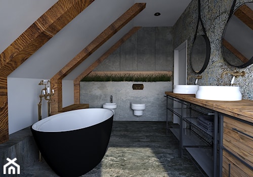 Łazienka na poddaszu - Duża na poddaszu z dwoma umywalkami łazienka, styl industrialny - zdjęcie od outt