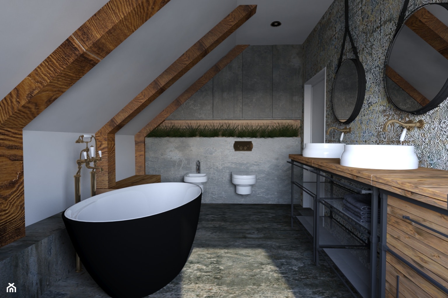 Łazienka na poddaszu - Duża na poddaszu z dwoma umywalkami łazienka, styl industrialny - zdjęcie od outt - Homebook