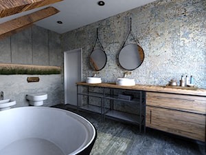 Łazienka na poddaszu - Duża z dwoma umywalkami łazienka z oknem, styl industrialny - zdjęcie od outt