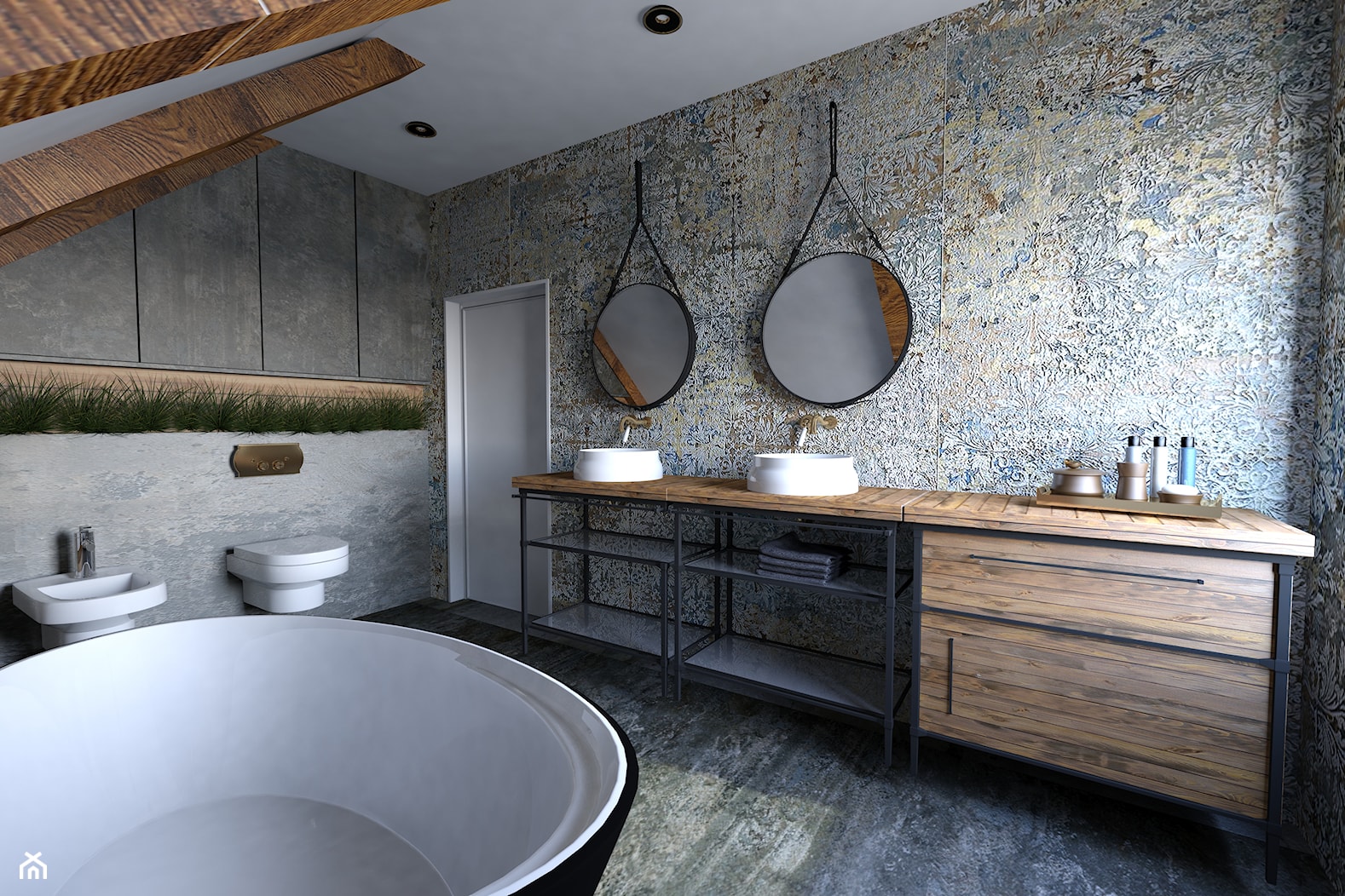 Łazienka na poddaszu - Duża z dwoma umywalkami łazienka z oknem, styl industrialny - zdjęcie od outt - Homebook
