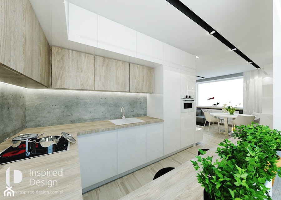 Mieszkanie w Łodzi - Średnia z salonem biała z zabudowaną lodówką kuchnia w kształcie litery u, styl nowoczesny - zdjęcie od INSPIRED DESIGN