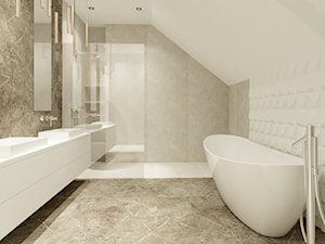 DOM WROCŁAW OPORÓW - Średnia na poddaszu bez okna z lustrem z dwoma umywalkami z marmurową podłogą łazienka, styl nowoczesny - zdjęcie od INSPIRED DESIGN