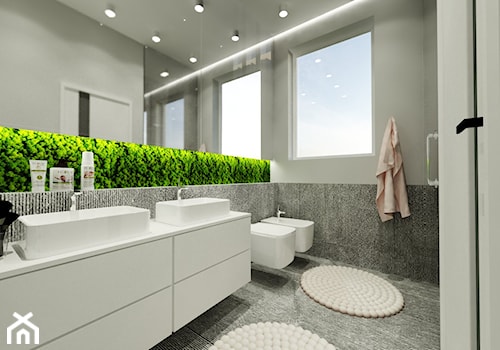 DOM W GRODKOWIE - Średnia na poddaszu z lustrem z dwoma umywalkami łazienka z oknem, styl minimalistyczny - zdjęcie od INSPIRED DESIGN