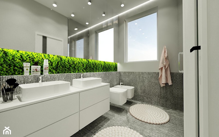 DOM W GRODKOWIE - Średnia na poddaszu z lustrem z dwoma umywalkami łazienka z oknem, styl minimalistyczny - zdjęcie od INSPIRED DESIGN
