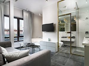 Apartamą Wrocław - Średni szary salon z kuchnią z tarasem / balkonem, styl nowoczesny - zdjęcie od INSPIRED DESIGN