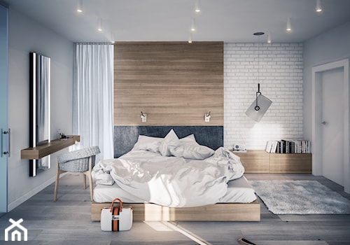 PROJEKT KOMPLEKSOWY DOMU JEDNORODZINNEGO: WNĘTRZA - Średnia biała szara sypialnia, styl nowoczesny - zdjęcie od Kunkiewicz Architekci