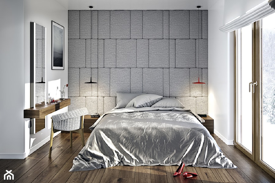 PROJEKT WNĘTRZA DOMU JEDNORODZINNEGO W LUBLINIE - Mała biała szara z panelami tapicerowanymi sypialnia z balkonem / tarasem, styl nowoczesny - zdjęcie od Kunkiewicz Architekci