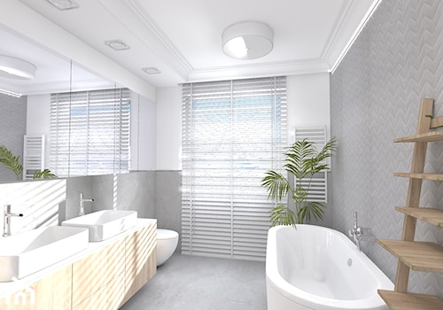 Dom w Sieradzu-02 - Średnia z lustrem z dwoma umywalkami z punktowym oświetleniem łazienka z oknem, styl nowoczesny - zdjęcie od Atelier58