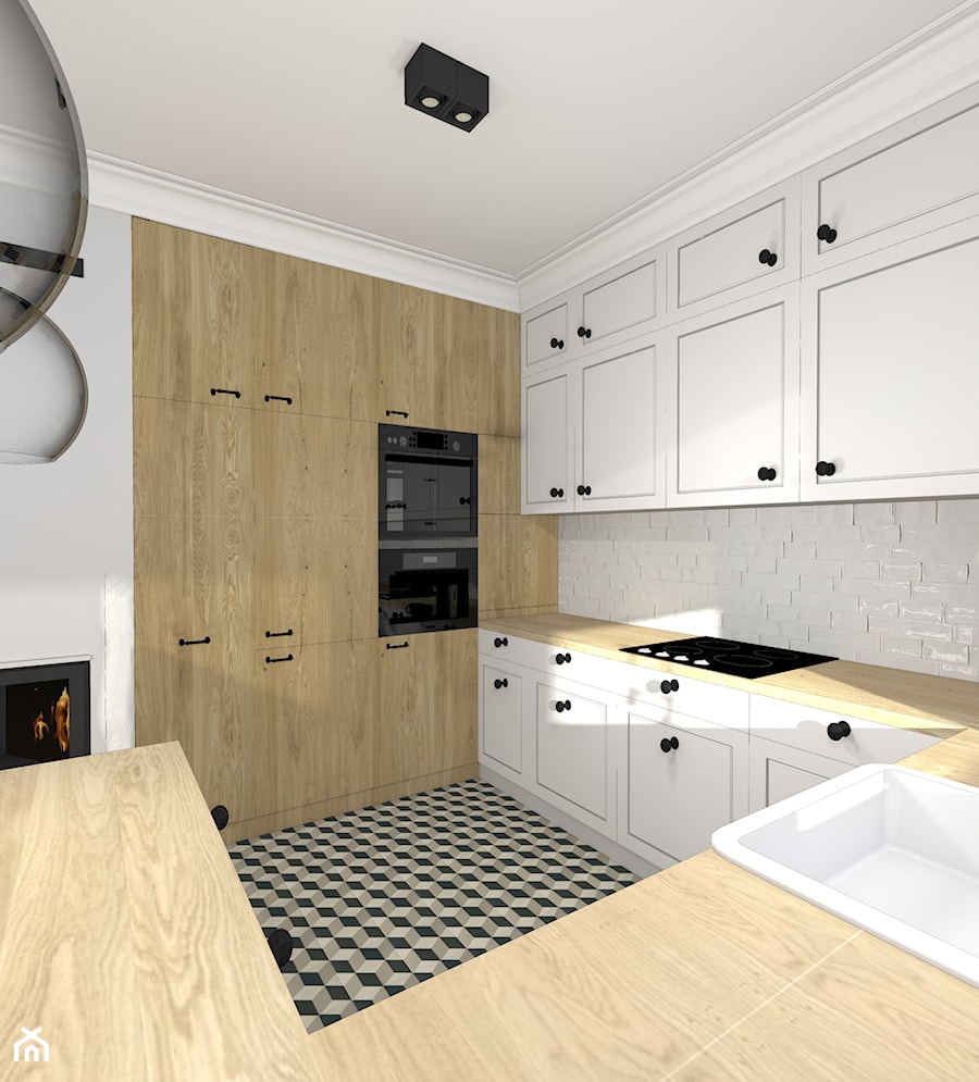 Dom w stylu klasycznym - Średnia duża otwarta szara z zabudowaną lodówką z nablatowym zlewozmywakiem kuchnia w kształcie litery g, styl tradycyjny - zdjęcie od Atelier58