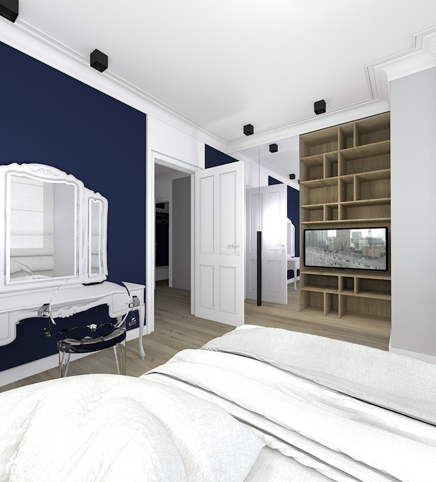 Dom w stylu klasycznym - Średnia biała niebieska szara sypialnia, styl tradycyjny - zdjęcie od Atelier58