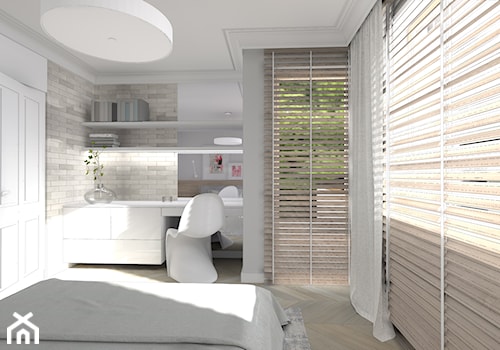 Dom w Sieradzu-02 - Średnia biała szara sypialnia z balkonem / tarasem, styl nowoczesny - zdjęcie od Atelier58