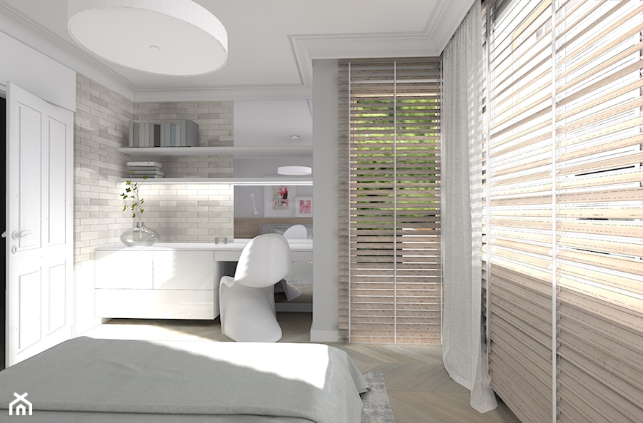Dom w Sieradzu-02 - Średnia biała szara sypialnia z balkonem / tarasem, styl nowoczesny - zdjęcie od Atelier58