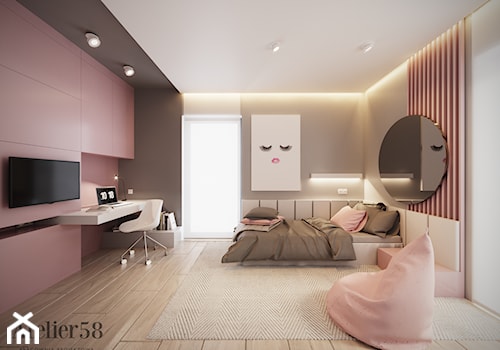 Dom w Kielcach - Duży czarny różowy pokój dziecka dla nastolatka dla dziewczynki, styl minimalistyczny - zdjęcie od Atelier58