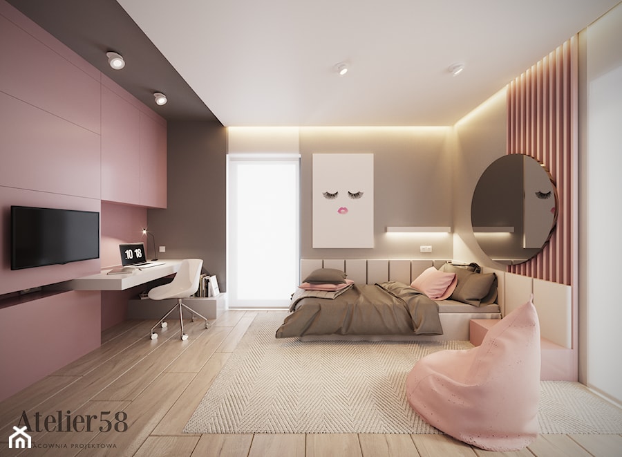 Dom w Kielcach - Duży czarny różowy pokój dziecka dla nastolatka dla dziewczynki, styl minimalistyczny - zdjęcie od Atelier58