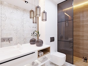 przytulna jasna łazienka z dodatkiem drewna - zdjęcie od Atelier58