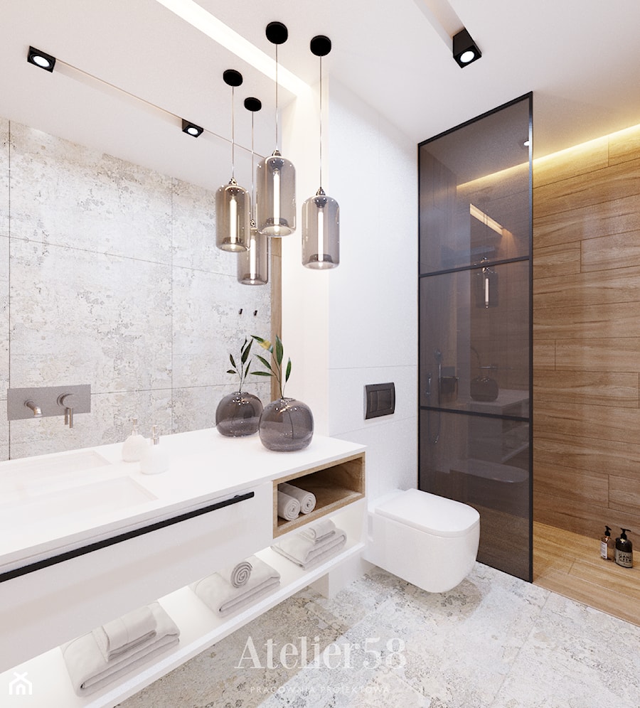 przytulna jasna łazienka z dodatkiem drewna - zdjęcie od Atelier58
