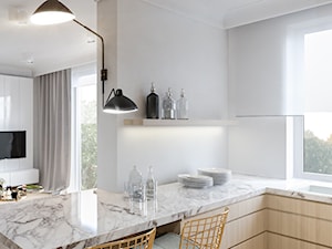 Mieszkanie w kamienicy - Mała otwarta z salonem szara z podblatowym zlewozmywakiem kuchnia w kształcie litery l z oknem, styl minimalistyczny - zdjęcie od Atelier58