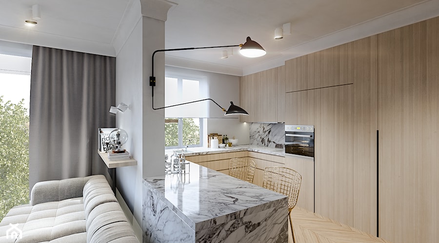 Mieszkanie w kamienicy - Duża z salonem biała z zabudowaną lodówką z podblatowym zlewozmywakiem kuchnia w kształcie litery u z wyspą lub półwyspem z oknem, styl minimalistyczny - zdjęcie od Atelier58