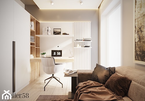 Dom w Kielcach - Średnie z sofą z zabudowanym biurkiem beżowe białe szare biuro, styl minimalistyczny - zdjęcie od Atelier58