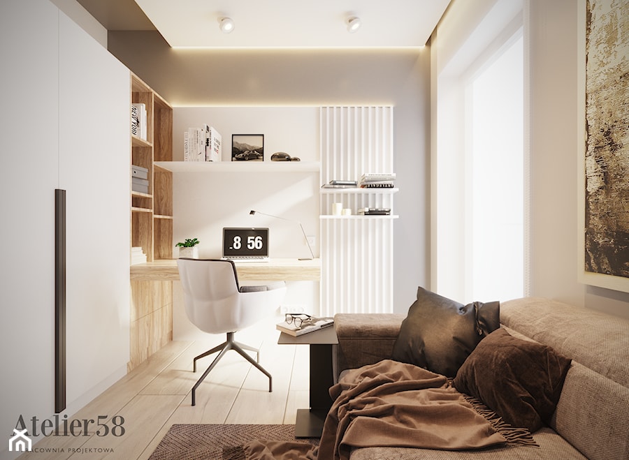 Dom w Kielcach - Średnie z sofą z zabudowanym biurkiem beżowe białe szare biuro, styl minimalistyczny - zdjęcie od Atelier58