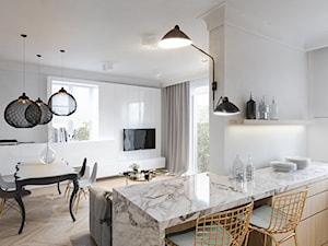 Mieszkanie w kamienicy - Mały szary salon z kuchnią z jadalnią, styl minimalistyczny - zdjęcie od Atelier58