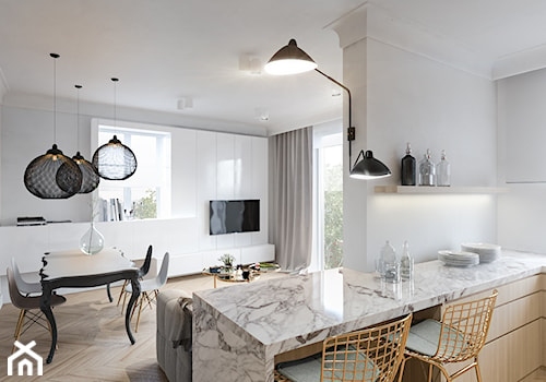 Mieszkanie w kamienicy - Mały szary salon z kuchnią z jadalnią, styl minimalistyczny - zdjęcie od Atelier58