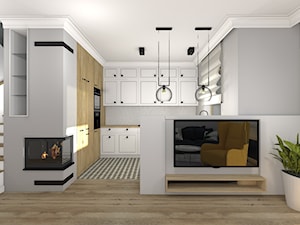 Dom w stylu klasycznym - Średnia otwarta z salonem szara z zabudowaną lodówką kuchnia w kształcie litery g z oknem, styl tradycyjny - zdjęcie od Atelier58