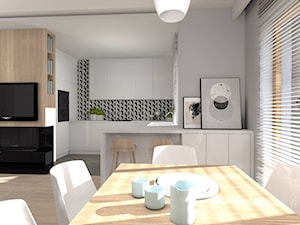 Dom w Sieradzu- 03 - Średnia otwarta z salonem z kamiennym blatem szara z zabudowaną lodówką z nablatowym zlewozmywakiem kuchnia w kształcie litery g z oknem, styl minimalistyczny - zdjęcie od Atelier58