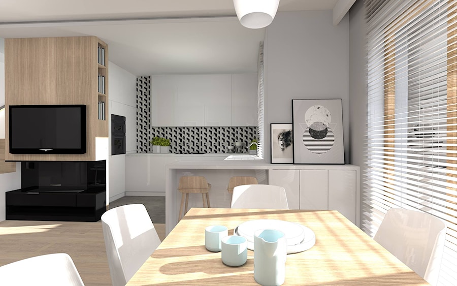 Dom w Sieradzu- 03 - Średnia otwarta z salonem z kamiennym blatem szara z zabudowaną lodówką z nablatowym zlewozmywakiem kuchnia w kształcie litery g z oknem, styl minimalistyczny - zdjęcie od Atelier58