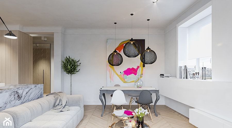 Mieszkanie w kamienicy - Mały biały salon z jadalnią, styl minimalistyczny - zdjęcie od Atelier58