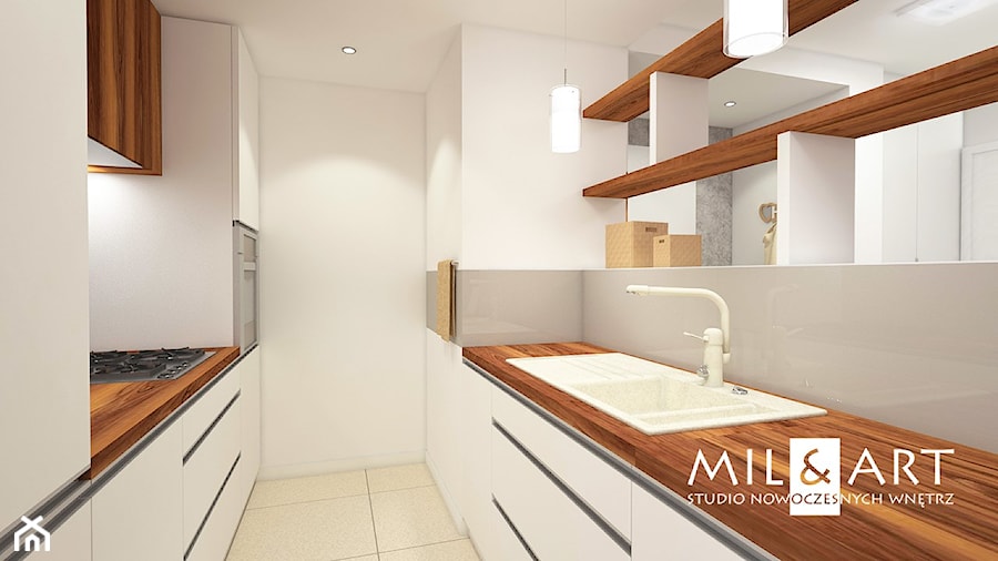 Mieszkanie w Poniatowej - Średnia otwarta biała z zabudowaną lodówką z nablatowym zlewozmywakiem kuchnia dwurzędowa, styl nowoczesny - zdjęcie od Miliart Studio