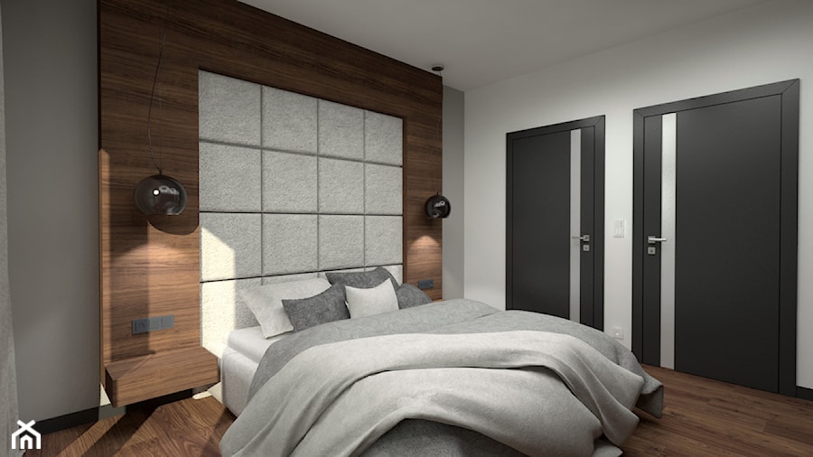 Nowoczesny parterowy dom - Średnia biała szara sypialnia, styl minimalistyczny - zdjęcie od Miliart Studio