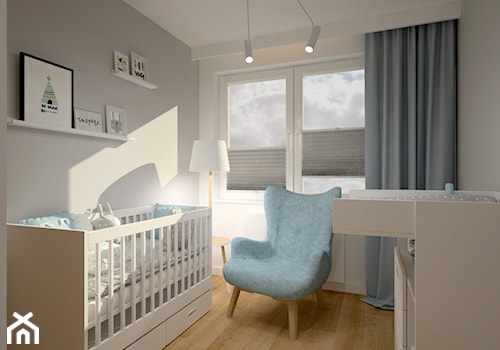 Klimatyczne mieszkanie w bloku z wielkiej płyty - Mały szary pokój dziecka dla niemowlaka dla chłopca dla dziewczynki, styl skandynawski - zdjęcie od Miliart Studio