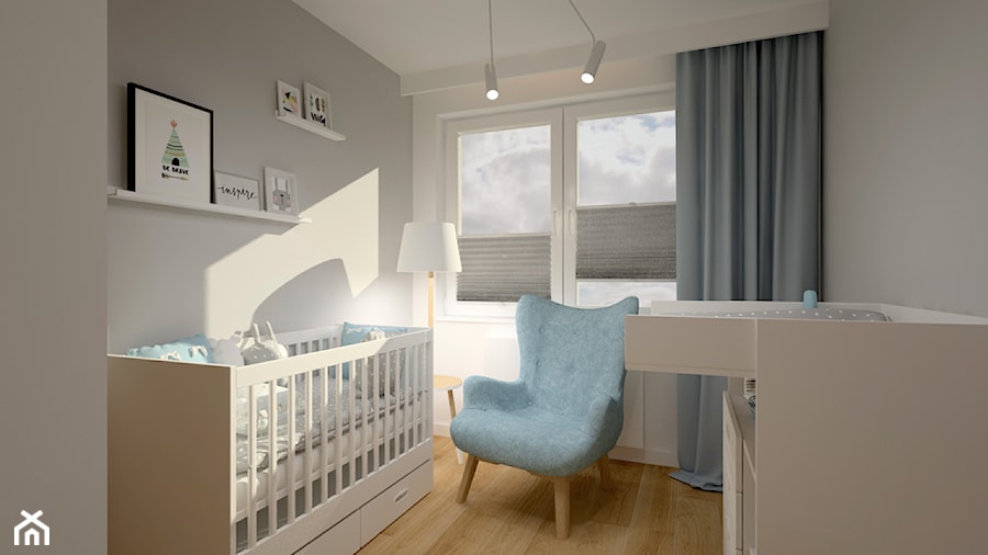 Klimatyczne mieszkanie w bloku z wielkiej płyty - Mały szary pokój dziecka dla niemowlaka dla chłopca dla dziewczynki, styl skandynawski - zdjęcie od Miliart Studio